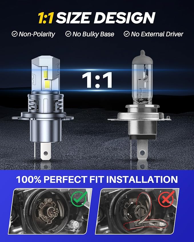 AUTOONE H4 LED Light Bulbs Upgraded 900% 50000LM Brightness 6500K White H4/9003/HB2 Hi Lo w/Cooling Fan for Halogen, 1:1 Size 99% Compatibility, Plug-N-Play, Longer Lifespan