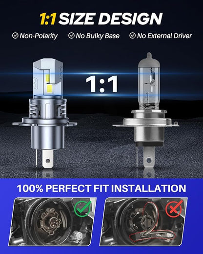 AUTOONE H4 LED Light Bulbs Upgraded 900% 50000LM Brightness 6500K White H4/9003/HB2 Hi Lo w/Cooling Fan for Halogen, 1:1 Size 99% Compatibility, Plug-N-Play, Longer Lifespan
