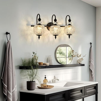 Piepooye Vintage Bathroom Light Fixtures Black Vanity Light with Glass Globe LampShade 3 Lights Mid Century G9 Bulb Wall Sconce Indoor Vanity Light Over Mirror for Kitchen Bedroom Farmhouse