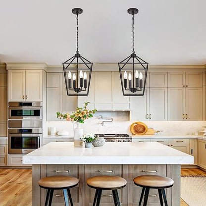 MELUCEE Farmhouse Chandelier in Oil Rubbed Bronze 4 Lights Lantern Pendant Light Vintage Openwork Cage Hanging Light Fixtures Ceiling for Kitchen Island Dining Room Entryway, E12 Base