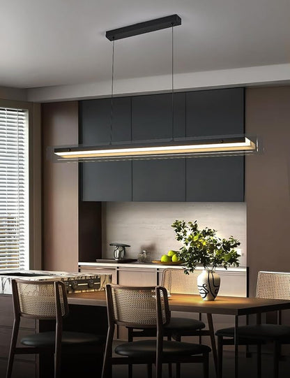 Glass Modern Black Linear Pendant Light - LED Hanging Kitchen Island Lights, Adjustable Dimmable Ceiling Fixtures, Minimalist Chandelier for Dining Room, Bar (74.8")