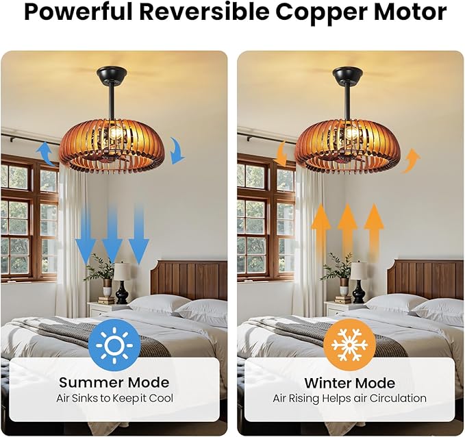 20'' Caged Ceiling Fan with Light, Wooden Low Profile Ceiling Fan with Light and Remote, 6 Speed and Reversible, Farmhouse Fandelier Bladeless Fan Lights for Bedroom, Kitchen