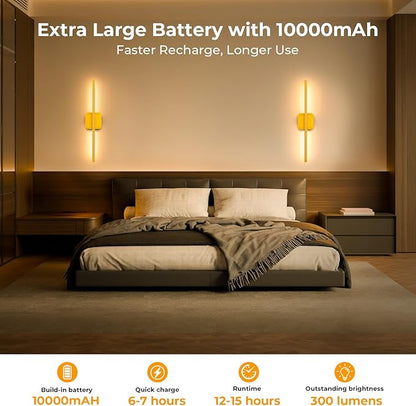 GvvooHome Battery Operated Wall Sconce Detachable 360°Rotate, Wireless Wall Lamp 3000-6500K Dimmable, 10000mAh Rechargeable Wall Light for Bedroom, Living Room，28.3" Black Gold 4 Pack