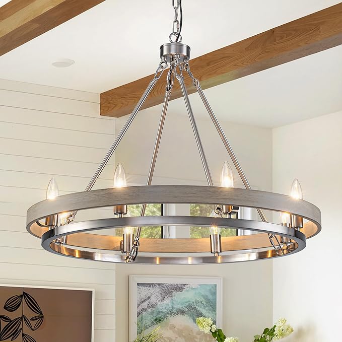 29" Brushed Nickel Wagon Wheel Chandelier, 8-Light Large Farmhouse Chandelier with Wood Grain Rustic Round Dining Room Light Fixtures for High Ceiling Foyer Living Room