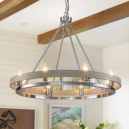 29" Brushed Nickel Wagon Wheel Chandelier, 8-Light Large Farmhouse Chandelier with Wood Grain Rustic Round Dining Room Light Fixtures for High Ceiling Foyer Living Room