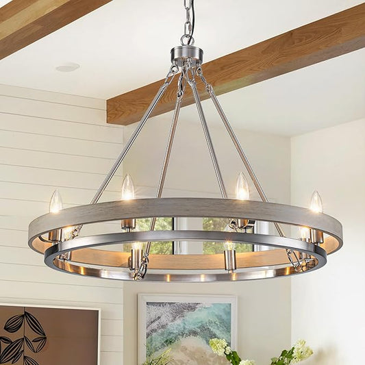 29" Brushed Nickel Wagon Wheel Chandelier, 8-Light Large Farmhouse Chandelier with Wood Grain Rustic Round Dining Room Light Fixtures for High Ceiling Foyer Living Room