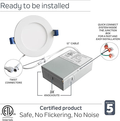 Nadair 6 Pack 3 inch LED Ultra Slim Recessed Lights, 6W, 450 Lumens, 4000K (Cool White), White Finish with Extra Black Trim, Dimmable, IC Rated, ETL Certified