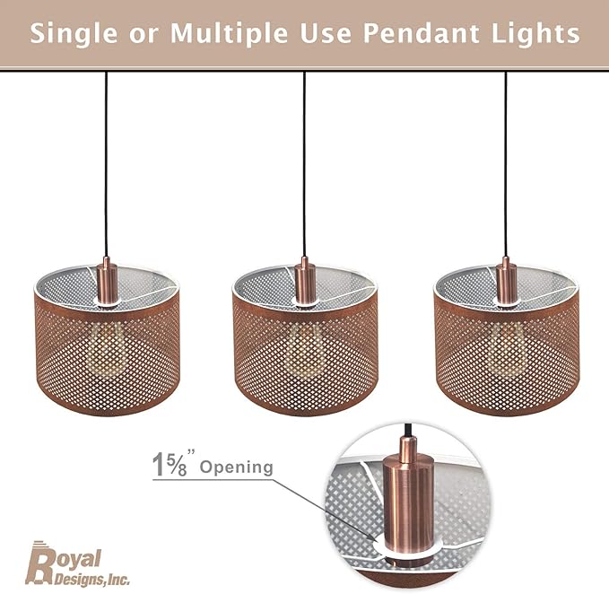 Royal Designs, Inc. Hanging Pendant Lighting, Keyless Cylinder-Shaped Pendant Light Socket and Canopy, Antique Copper with Brown Rayon Fabric Cord