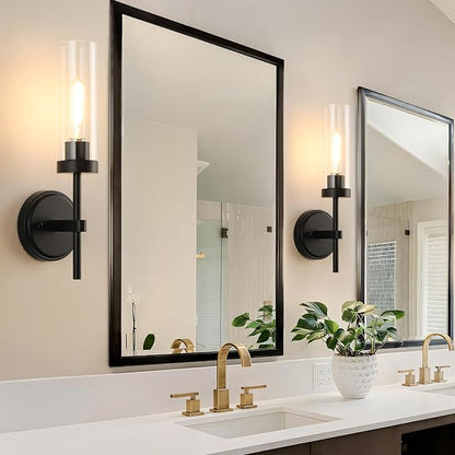 WILON Wall Sconces 2 pcs, Bathroom Sconces Vanity Light Fixtures with Clear Glass Shades, Indoor Rustic Farmhouse Wall Lamps for Bedroom Living Room Bathroom Bedside Hallway Mirror, Black