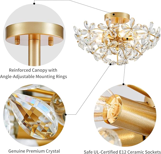 WUZUPS Crystal Chandelier Flushmount Ceiling Light Modern Lighting Fixture for Bedroom Hallway Bar Kitchen Bathroom, H 8.9" x W 17.7", Gold, E12 Base
