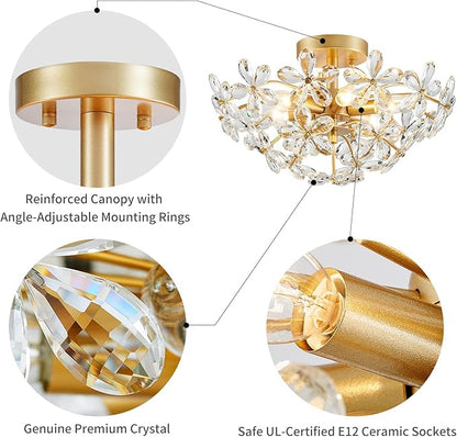 WUZUPS Crystal Chandelier Flushmount Ceiling Light Modern Lighting Fixture for Bedroom Hallway Bar Kitchen Bathroom, H 8.9" x W 17.7", Gold, E12 Base