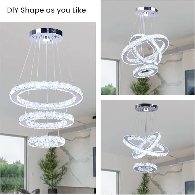 Modern Dimmable LED Chandelier 3 Rings Crystal Chandelier with Remote Stainless Steel Adjustable Pendant Light for Living Dining Room Bedroom