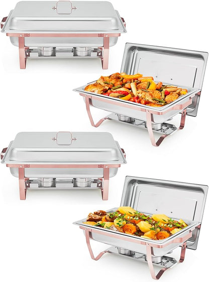 Garvee Chafing Dishes for Buffet Set of 4, 8QT Buffet Servers and Warmers Set with Lid & Foldable Frame, Rectangular Stainless Steel Chafer Food Warmer for Parties Wedding Catering Supplies, Rose Gold