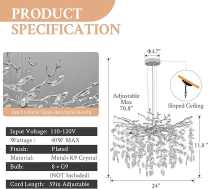 Benkut Modern Tree Branch Crystal Chandelier 23.6" Silver Crystal Dining Room Chandeliers 8-Light Luxury Pendant Lighting for Kitchen Bedroom Living Room