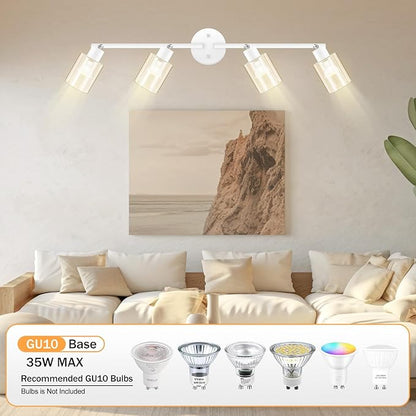 BoostArea 4-Light Bathroom Light Fixtures, White Modern Vanity Wall Lights with Clear Glass Shade, Flexibly Ceiling Light for Mirror Kitchen Living Room Hallway Cabinet Porch