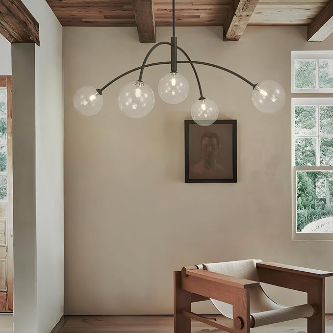 Mid Century Modern Sputnik Chandelier Adjustable 5 Light Pendant Light Fixture Clear Glass Black Ceiling Chandelier for Dining Room Kitchen Bedroom
