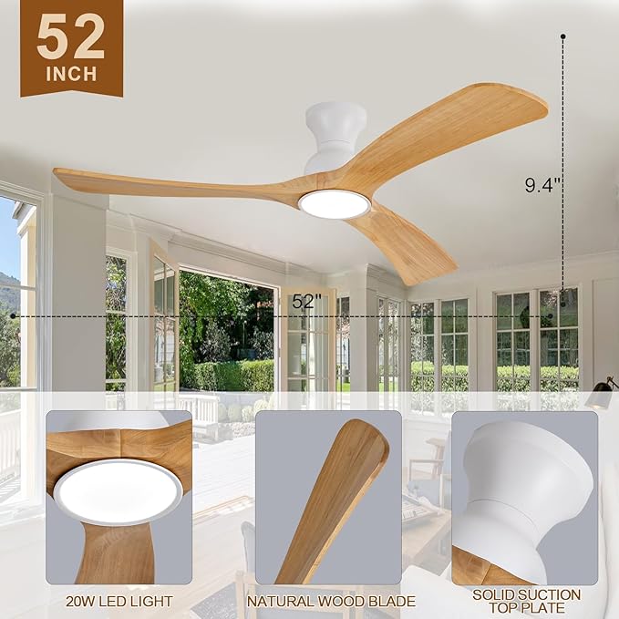 Flush Mount Ceiling Fans with Lights,52 inch,Remote Control,Wall Switch,Solid Wood Blades,Dimmable,Reversible Noiseless,Power Off Memory Modern Ceiling Fan Indoor/Outdoor for Bedroom Patios