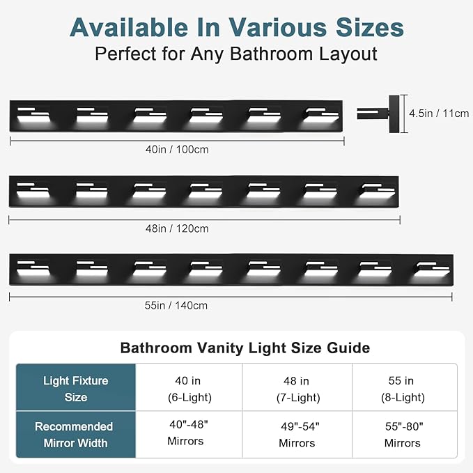 LED Modern Bathroom Vanity Light Fixtures, 7-Light 48-inch Dimmable Matte Black Vanity Lights for Bathroom Lighting Fixtures Over Mirror, with 360° Rotatable Acrylic Heads (Cool White 6000K)