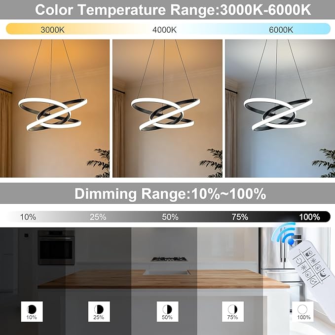 MAYNA Modern Ring Chandelier for Dining Room,Dimmable LED Pendant Light with Remote, Irregular Light Fixture for Kitchen Island Over Table, 3 Color Changeable Hanging Lamp, Black 19.7 inch