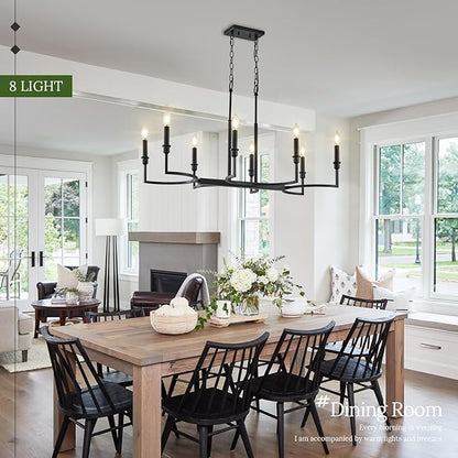 8-Light Black Chandelier Rectangular Dining Room Chandelier Over Table Metal Candle Chandelier Light Fixture Retro Black Island Lighting 37in