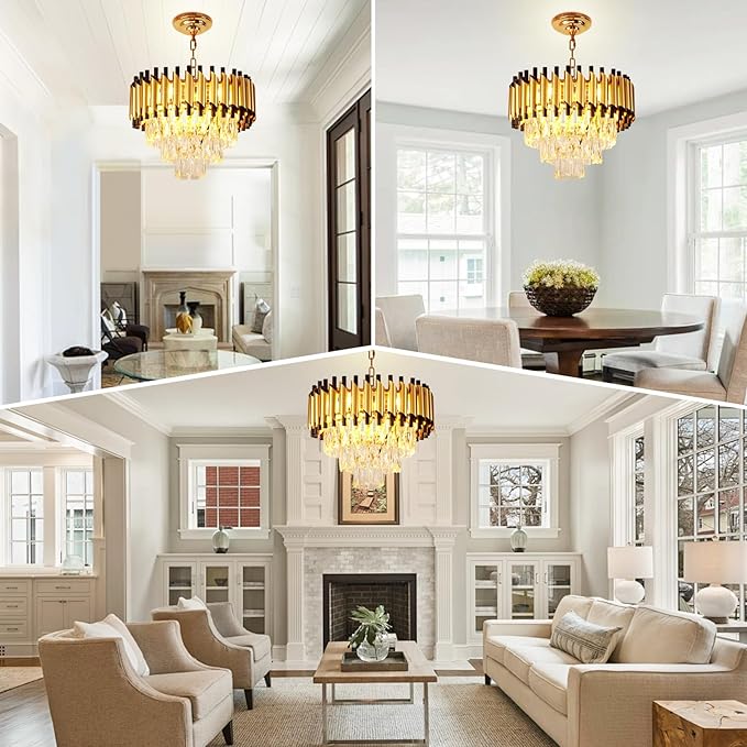 Depuley Modern Gold Crystal Chandelier: 5-Light Flush Mount Chandelier 12 3-Tier Inch Luxury Round Hanging Pendant Light Fixture for Porch Bedroom Dining Room Foyer Included Bulbs