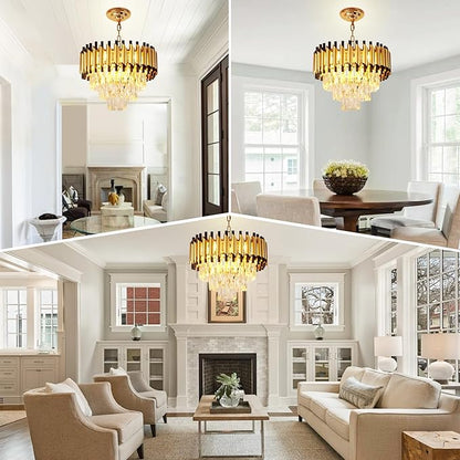 Depuley Modern Gold Crystal Chandelier: 5-Light Flush Mount Chandelier 12 3-Tier Inch Luxury Round Hanging Pendant Light Fixture for Porch Bedroom Dining Room Foyer Included Bulbs