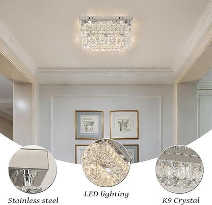 Finktonglan Modern 2-Tier Crystal Flush Mount Ceiling Light, 11.8" Rectangular Dimmable LED Ceiling Fixture with Multi-Faceted Crystal Prisms, 24W Low Profile for Kitchen Dining Hallway