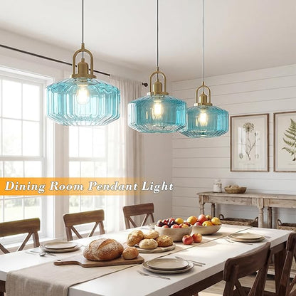 11.8in Mid Century Modern Blue Glass Pendant Light Fixture, Large Gold Kitchen Island Pendants Light Glass Ceiling Hanging Lamp for Foyer Dining Room Bedroom Entryway Hallway Over Sink
