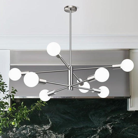 Sputnik Chandeliers Dining Room Light Fixture (8-Light, 30-Inch), Modern Brushed Nickel Chandelier, Height Adjustable Mid Century Modern Chandeliers for Dining Room Kitchen Island (Bulbs Not Included)