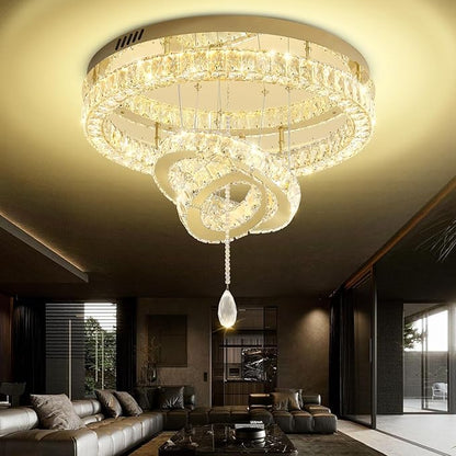 Flashing God Dia 32'' Modern Chandeliers for Living Room Crystal Flush Mount Ceiling Chandelier Large Chandeliers for Dining Room Bedroom LED Dimmable 3000-6000K Gold