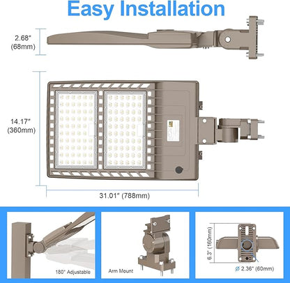 400W LED Parking Lot Light UL ETL Listed 60000LM 5000K Adjustable Arm Mount LED Street Light with Dusk to Dawn Photocell 100-277V IP65 Rating Outdoor Commercial Area Flood Security Lighting