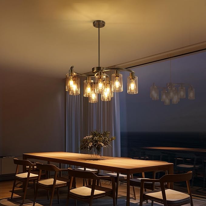 CNRATYE 9-Light Brushed Nickel Glass Chandelier, Adjustable Height Hanging Industrial Dining Room Chandelier Over Table, Modern Farmhouse Chandelier for Kitchen Island Living Room Entryway Bedroom