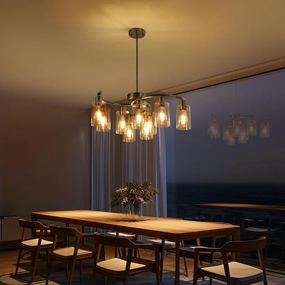CNRATYE 9-Light Brushed Nickel Glass Chandelier, Adjustable Height Hanging Industrial Dining Room Chandelier Over Table, Modern Farmhouse Chandelier for Kitchen Island Living Room Entryway Bedroom