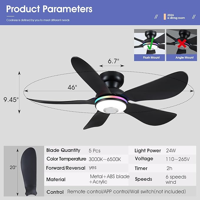 Kviflon 46" Ceiling Fans with RGB Lights Remote/APP Control, Low Profile, 3 CCT Dimmable White Lights+RGB Ring Lights+Music Player, 5 Reversible Plastic Blades 6 Speeds for Kidsroom, Black