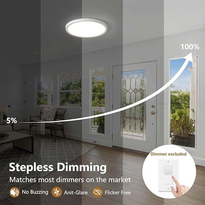 Dimmable 12Inch LED Flush Mount Ceiling Light, 24W, 2520LM, 2700K/3000K/4000K/5000K/6000K CCT Selectable,LED Round Flat Panel Light Dimmable from 5% to 100% for Bedroom,Kitchen,Hallway, White 12PK