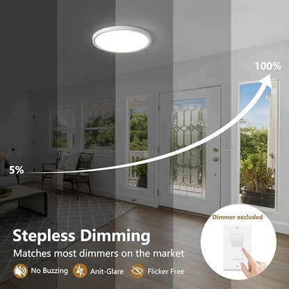 Dimmable 12Inch LED Flush Mount Ceiling Light, 24W, 2520LM, 2700K/3000K/4000K/5000K/6000K CCT Selectable,LED Round Flat Panel Light Dimmable from 5% to 100% for Bedroom,Kitchen,Hallway, White 6PK