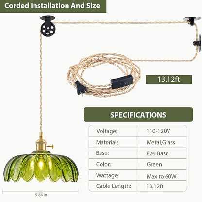 2 Pack Plug in Pendant Light Fixtures, Hanging Light Fixture Glass Pendant Light, Vintage Green Hanging Lamp, Pendant Lighting for Kitchen Island, Bedroom, Dining Room, Living Room