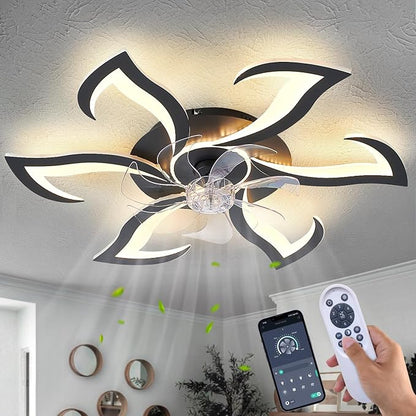 32" Black Geometric Modern 6-Head Ceiling Fan with Lights Remote Control, Low Profile Ceiling Fan with Light for Kitchen Bedroom Living Room