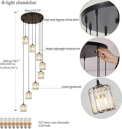 Long Chandeliers for High Ceilings,Modern Crystal Pendant Light,Raindrop Drop Lamp,Hanging Flush Mount Lighting Fixtures for Spiral Staircase,Foyer,Entryway,Living Room,Black (8 Lights)