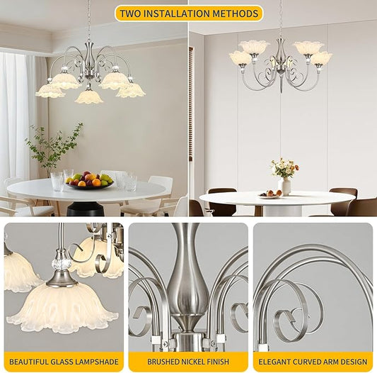 5-Light Chandeliers in Brushed Nickel Finish with White Glass Shades, Brushed Nickel Chandelier Light for Dining Room,Hallway,Kitchen