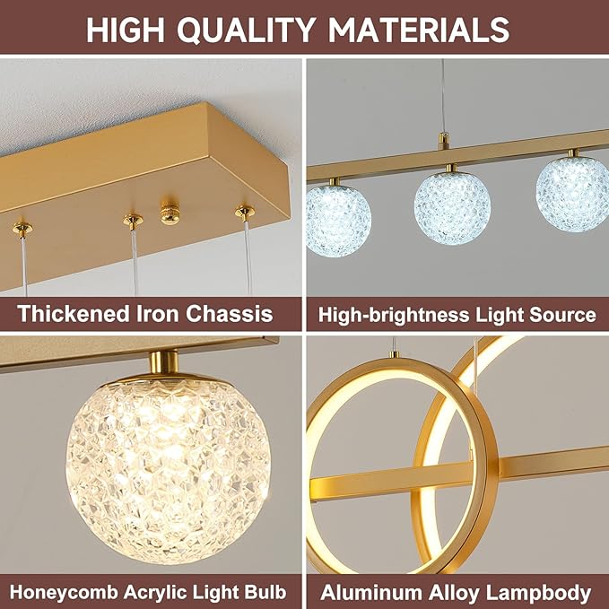ORANOOR Modern Gold Chandeliers for Dining Room, 47in Dimmable LED Chandelier Linear Gold Pendant Light for Kitchen Island, Upgraded 6 Globe Hanging Pendant Chandelier Lighting (2 Rings, 4200lm)