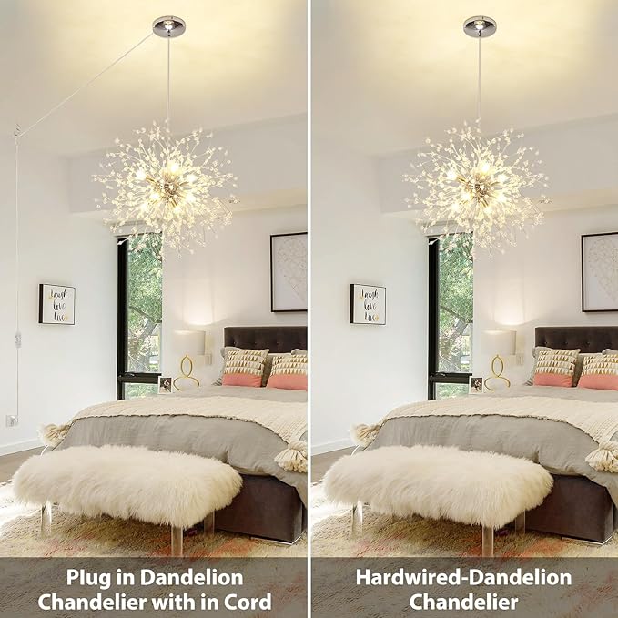 Plug in Crystal Chandelier, Modern Plug in Pendant Light Hanging Light Fixture 2-in-1 Chrome Pendant Light Dandelion Chandeliers for Dining Room Bedroom Kitchen Foyer Entryway Living Room