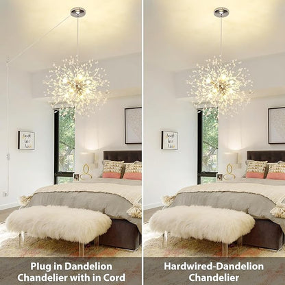 Plug in Crystal Chandelier, Modern Plug in Pendant Light Hanging Light Fixture 2-in-1 Chrome Pendant Light Dandelion Chandeliers for Dining Room Bedroom Kitchen Foyer Entryway Living Room