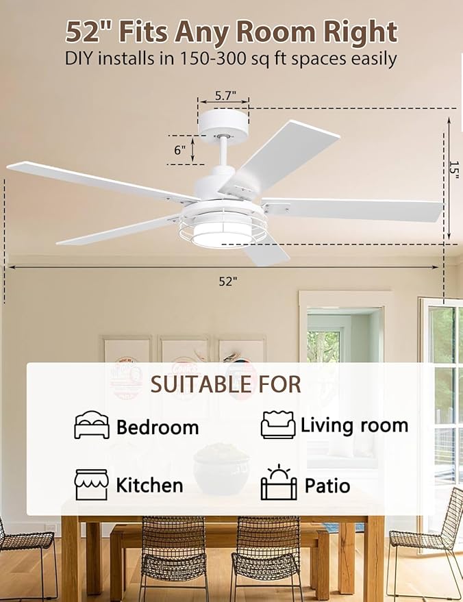 52" White Ceiling Fan with Lights & Remote -Farmhouse Ceiling Fan for Bedroom with High Airflow,Quiet DC Motor 6-Speed Indoor/Outdoor