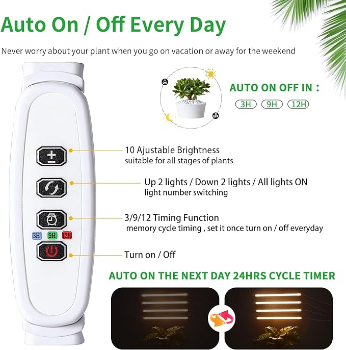 RWNTAO LED Plant Growing Lamp, 3500K Full Spectrum Grow Light Strips for Indoor Plants with 3/9/12H Timer & 10 Dimmable Levels, Led Growth Light for Green House Hydroponics Succulent 13In 4Head