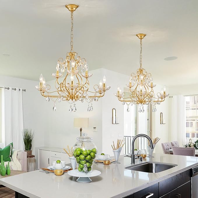 WUZUPS 9-Light Crystal Candle Chandelier Pendant Flushmount Ceiling Light Modern Lighting Fixture for Bedroom Hallway Bar Kitchen Bathroom, H 18.1" x W 25.6", Gold, E12 Base