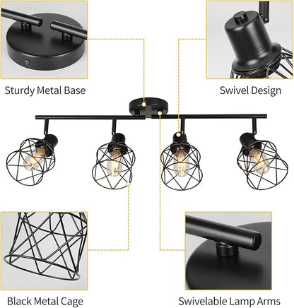 WILON Track Lighting Fixtures Ceiling 4-Light Flush Mount Ceiling Spot Lights, Industrial Track Light Black Kitchen Light Fixtures Rotatable Spotlight for Kitchen Hallway Living Room (E26 Base)