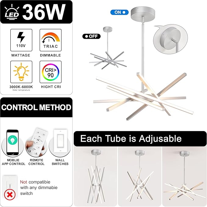 Modern Silver Chandeliers Ceiling 36W LED Pendant Light Embedded Mount Chandeliers，LED 6-Lights Linear Pendant Light for Kitchen Island Dining Room Bedroom Living Room Entryway，L23.62"*0.59"/6