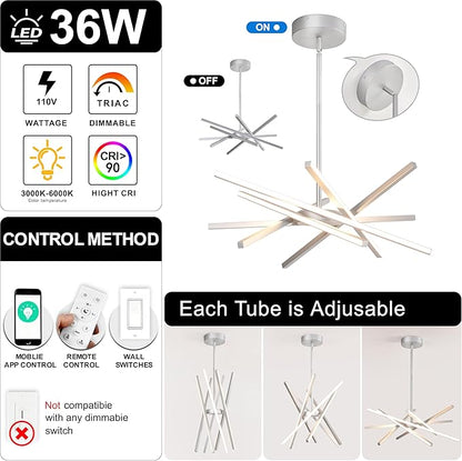 Modern Silver Chandeliers Ceiling 36W LED Pendant Light Embedded Mount Chandeliers，LED 6-Lights Linear Pendant Light for Kitchen Island Dining Room Bedroom Living Room Entryway，L23.62"*0.59"/6