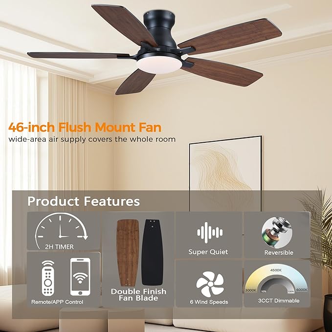 JSAITEE Ceiling Fan with Lights and Remote Control - 46In Flush Mount Ceiling Fan with 3CCT Dimmable, 6 Wind Speeds and Timing, Low Profile Fan for Modern Bedroom, Kitchen, Living Room